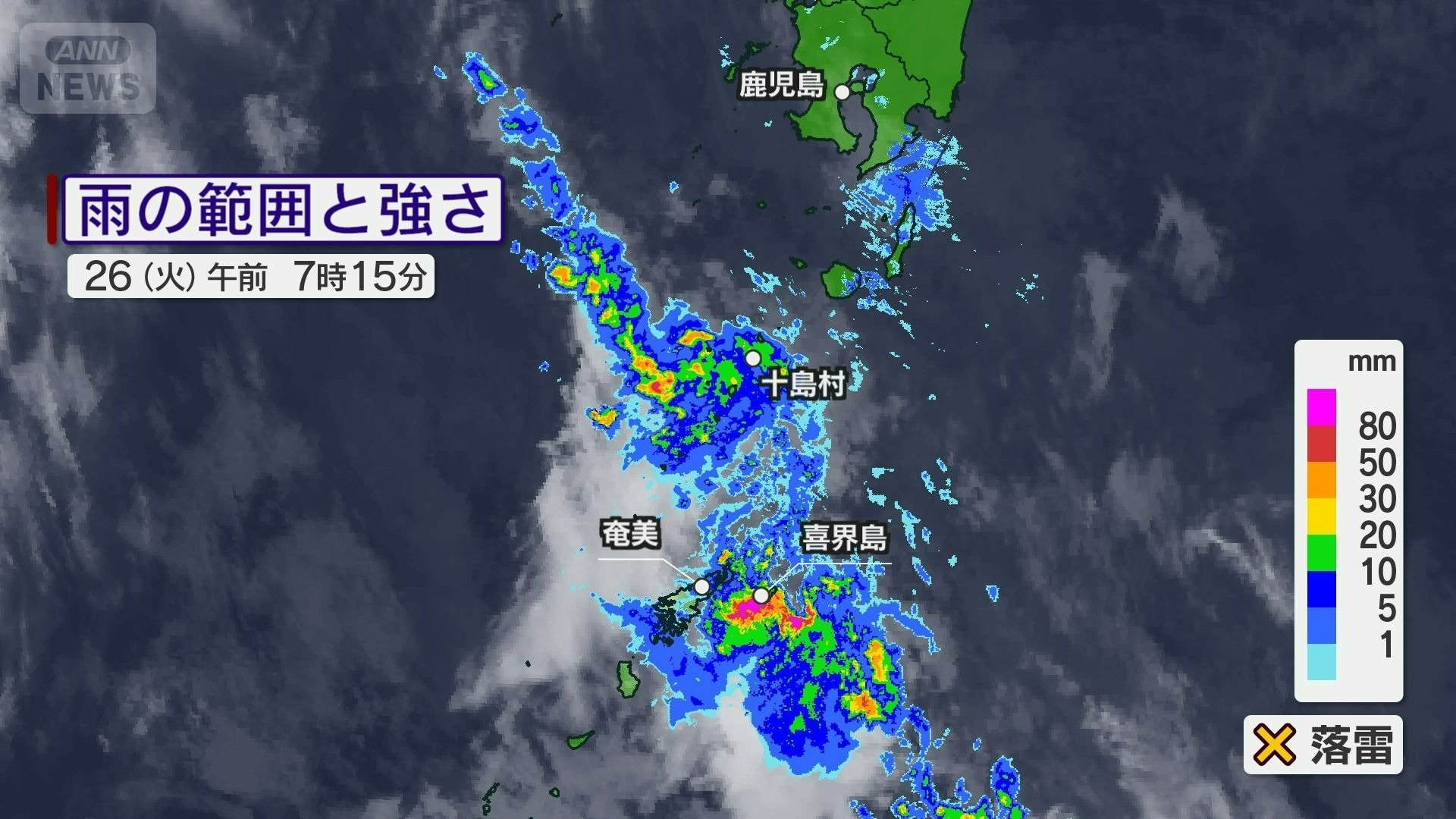 奄美地方にライン状の発達した雨雲