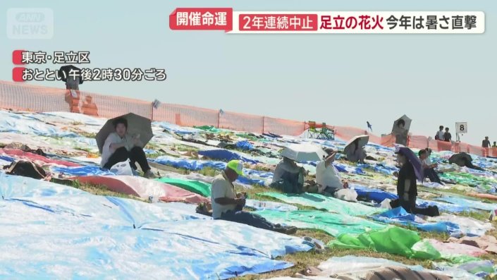日傘で耐えながら花火を待つ観客