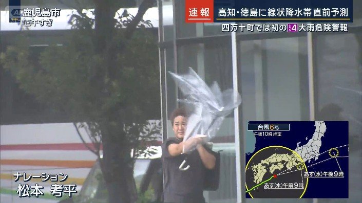 強い雨風 傘をさす人