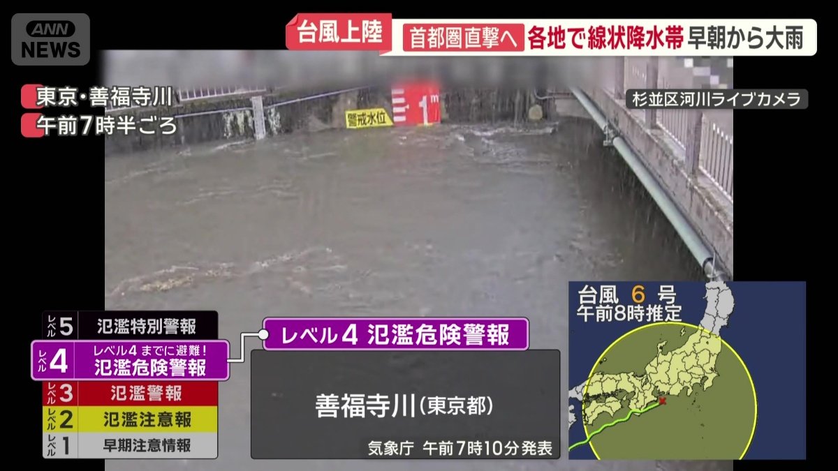 東京・善福寺川に「レベル4氾濫危険警報」