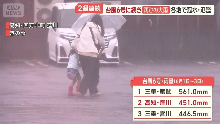 全国で2番目に多い雨量を観測した高知県四万十町窪川地区