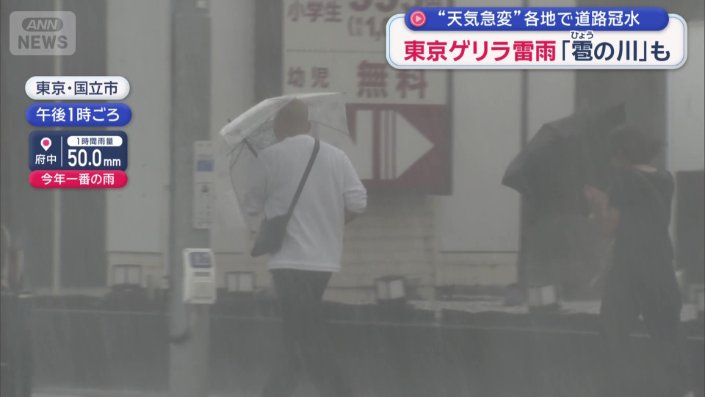 傘を盾のようにして歩く人の姿も
