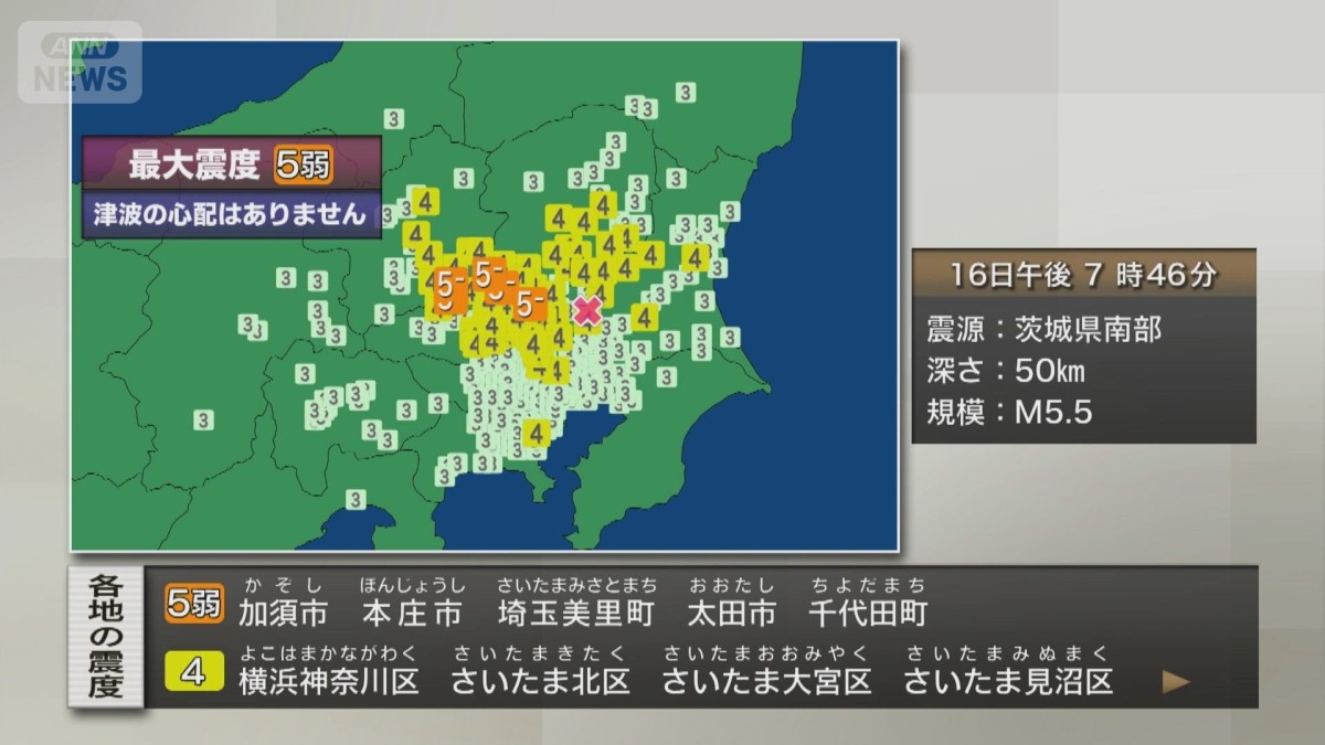“帰宅時間”を直撃…群馬・埼玉で震度5弱　群馬で2人けが　自宅で転倒など