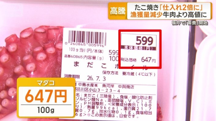 マダコの足が2本入って1パック647円（税込み）