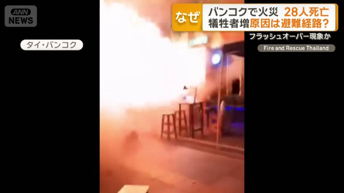 店の入り口付近から激しく噴き出す炎