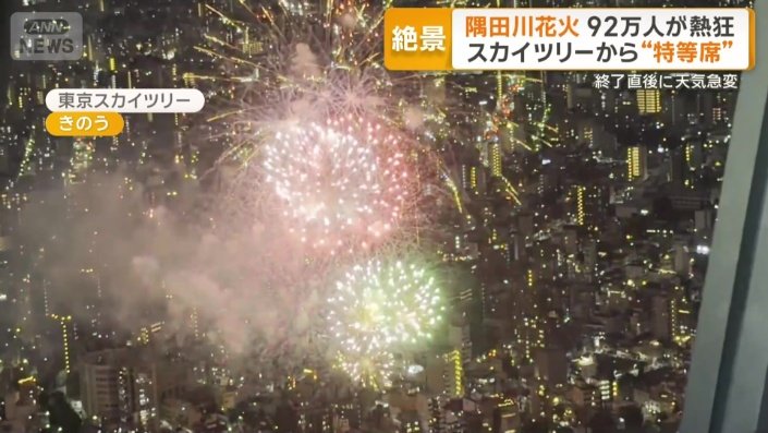 東京スカイツリーの展望台から見下ろす花火