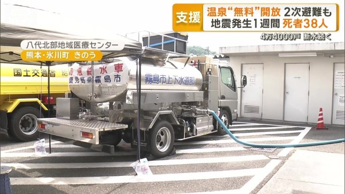 給水車によって貯水タンクを満たす