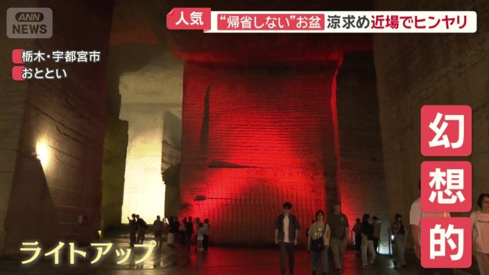 ライトアップされた石材が切り出された壁