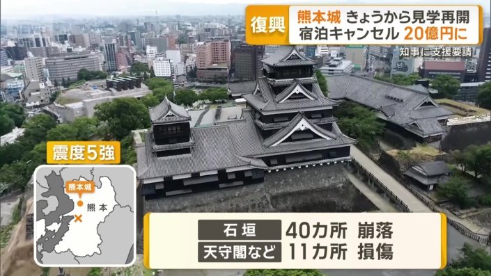 石垣40カ所が崩落、天守閣など11カ所で損傷