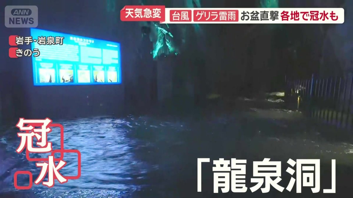 大雨で冠水した観光名所「龍泉洞」通路