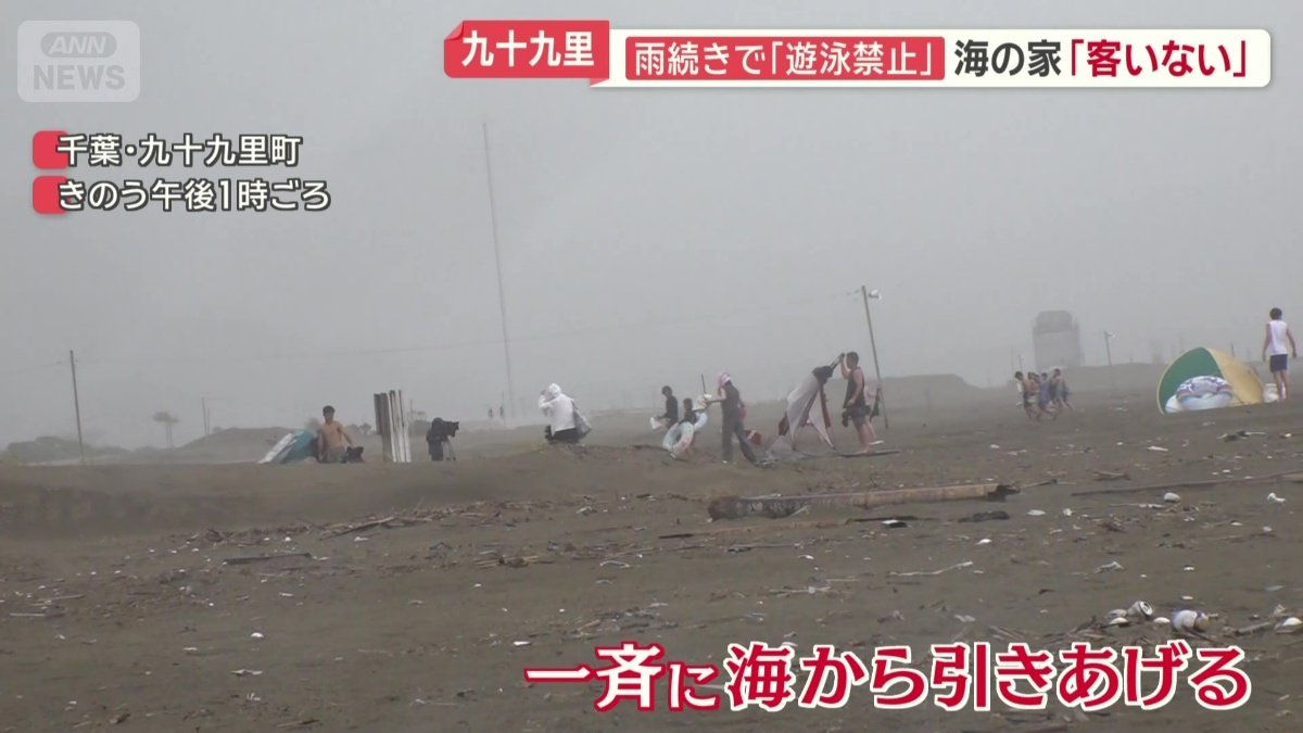 一斉に海から引きあげる人々