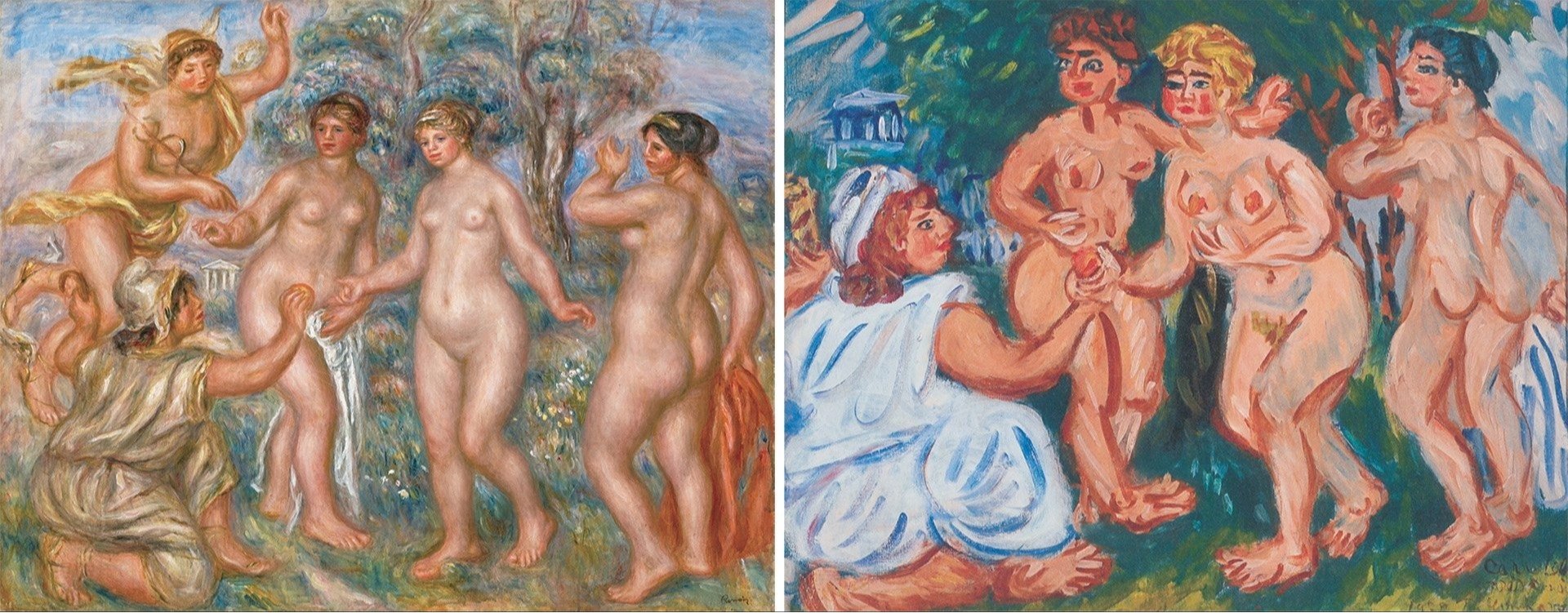 【画像左】ピエール=オーギュスト・ルノワール 《パリスの審判》 1913-14年ごろ、ひろしま美術館蔵
【画像右】梅原龍三郎 《パリスの審判》 1978年、個人蔵