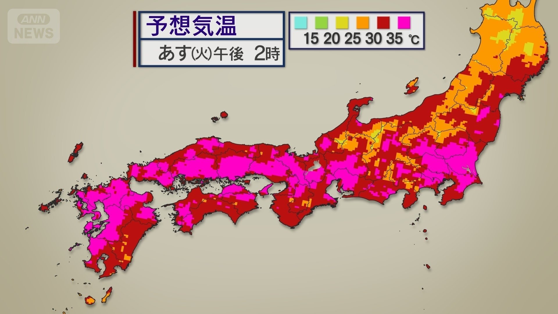 あす(火)は東北にも猛暑日エリアが拡大。関東でも猛暑日続出に