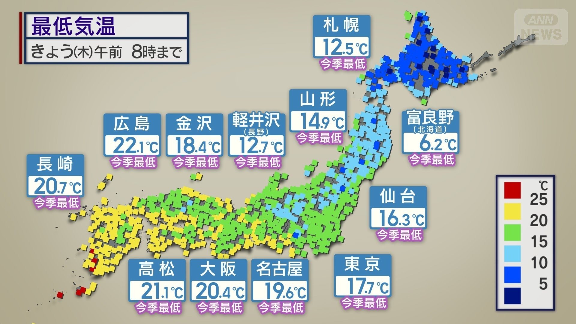 アメダス最低気温　各地で今季一番の涼しい朝に