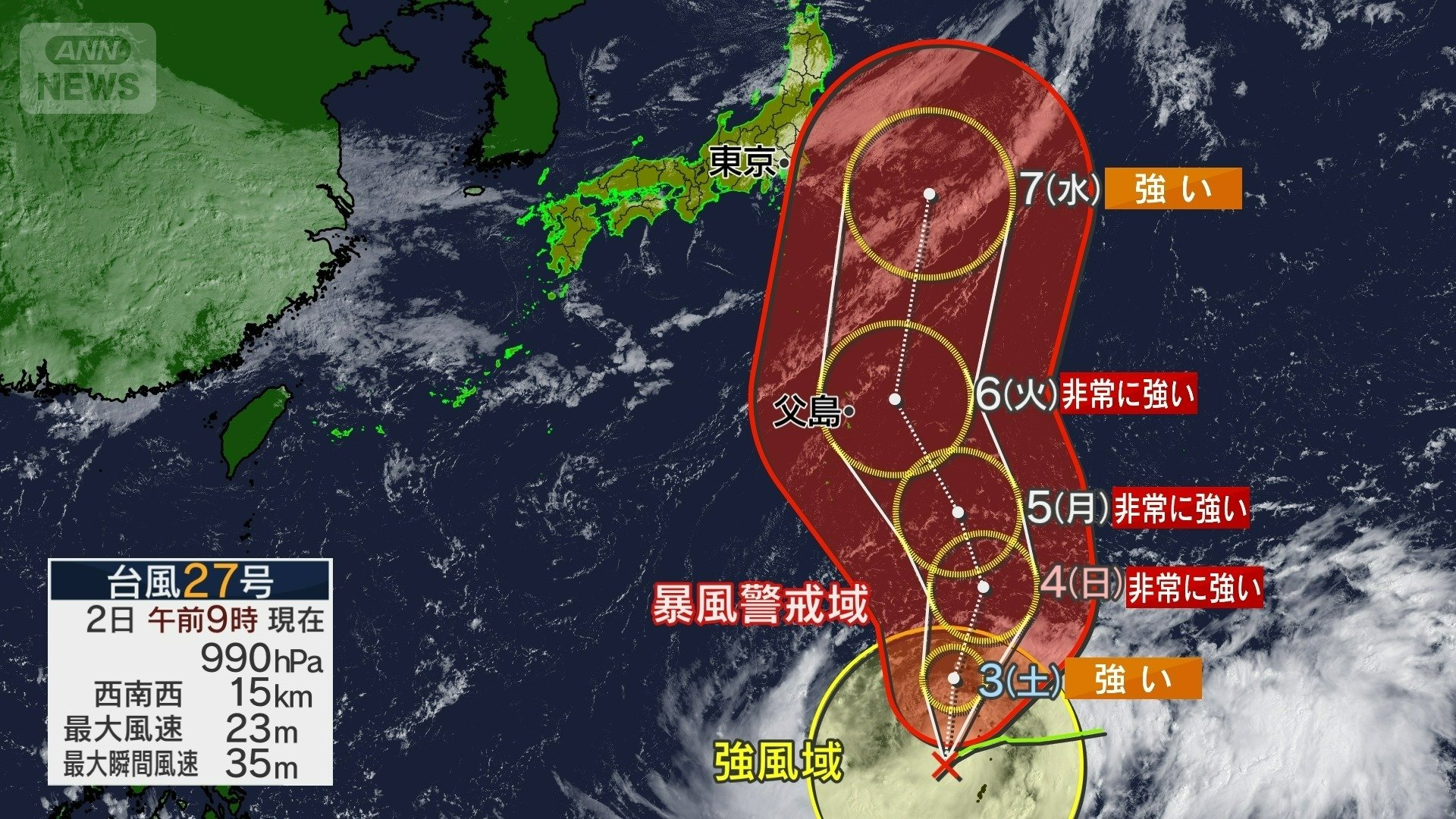 台風27号の予想進路図(2日午前9時時点)
